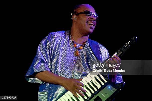 Stevie Wonder performs on stage during a concert in the Rock in Rio Festival on September 29, 2011 in Rio de Janeiro, Brazil. Rock in Rio Festival...