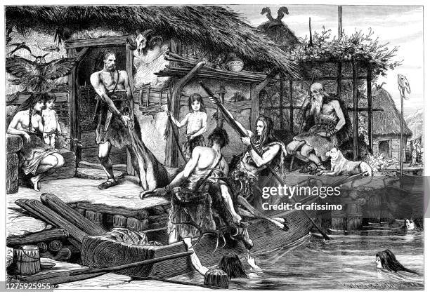 people on stilt houses on lake constance germany bronze age 4000 bc - stone age stock illustrations