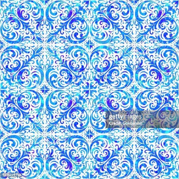 stockillustraties, clipart, cartoons en iconen met aquarel hand geschilderde marine blauwe tegel. naadloos marokkaans keramisch patroon. vector tegel patroon, lissabon arabische bloemen mozaïek, mediterrane naadloze marine blauw ornament. - navy watercolor swatch