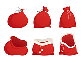 Set red sacks of Santa. Tied up and empty. Vector illustration. Isolated on white background