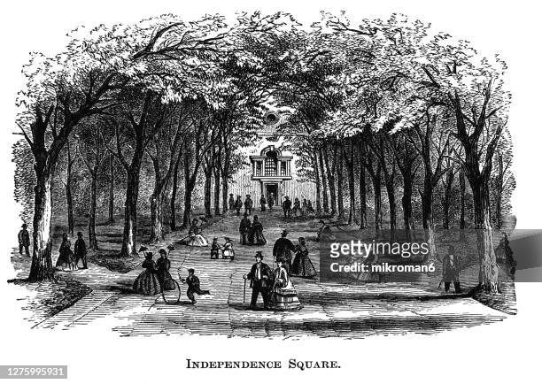 old engraved illustration of view of independence square in philadelphia, pennsylvania, usa - philadelphia show stock pictures, royalty-free photos & images