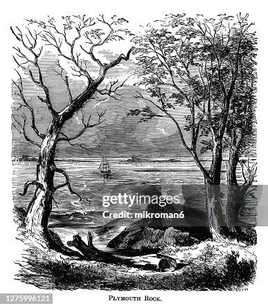 Antique Illustration of The landing place of the Mayflower pilgrims. Plymouth Rock in Plymouth, Massachusetts, USA.