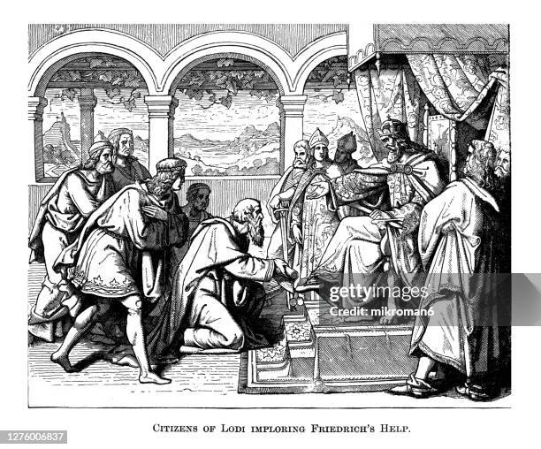 old engraved illustration of citizens of lodi imploring friedrich i barbarossa help - lodi lombardy stock pictures, royalty-free photos & images