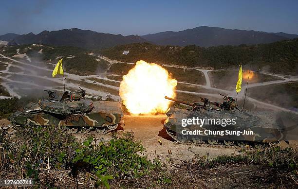 South Korean military soldiers take part in the South Korea and U.S. Joint military exercise to commemorate the 63th Korea Armed Forces Day at the...