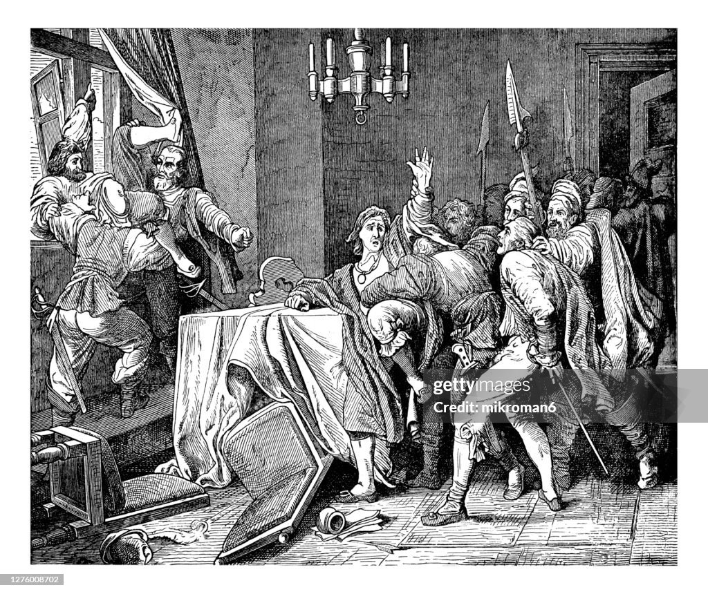 Old engraved illustration of 'Hurl them from the Window!', Jesuit Martinez thrown out of the window
