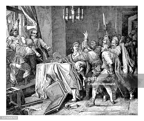 old engraved illustration of 'hurl them from the window!', jesuit martinez thrown out of the window - theology stock pictures, royalty-free photos & images