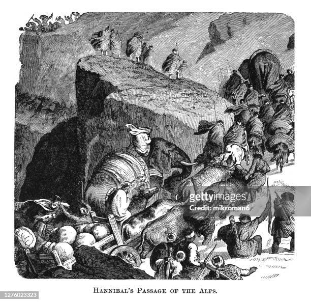 vintage engraving of hannibal and his army passing the alps into italy. ancient history, carthage - hannibal bildbanksfoton och bilder