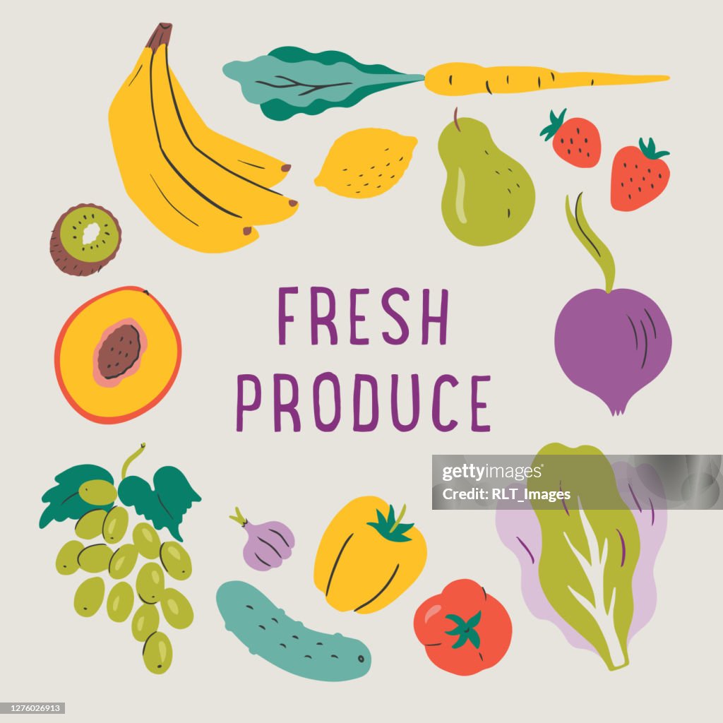 Illustration Of Fresh Produce With Copy Space Handdrawn Vector Elements ...