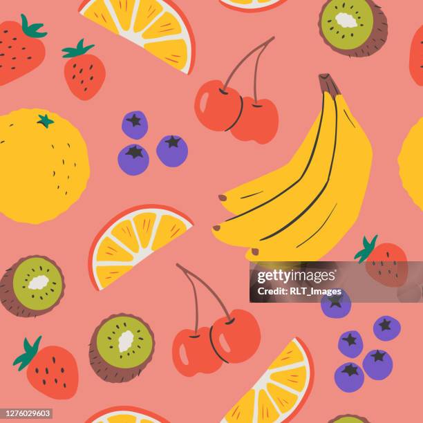 illustrations, cliparts, dessins animés et icônes de motif de répétition sans couture de fruits frais dessinés à la main - fruits rouges