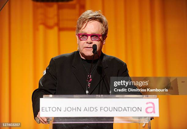 Musician Elton John speaks onstage at the 19th Annual Elton John AIDS Foundation Academy Awards Viewing Party at the Pacific Design Center on...