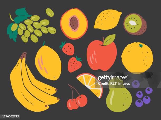 illustration of assorted fresh fruits — hand-drawn vector elements - fruit black background stock illustrations