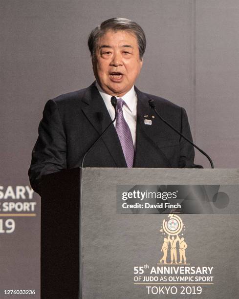 Olympic champion and President of the Kodokan, Haruki Uemura of Japan welcomes the guests to the 2019 IJF Gala Dinner Celebrating 55 years of Judo as...