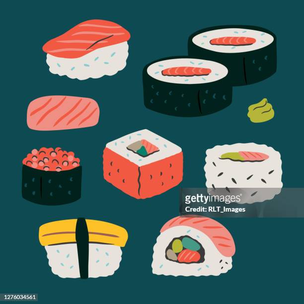 abbildung von sushi — handgezeichnete vektorelemente - sushi stock-grafiken, -clipart, -cartoons und -symbole