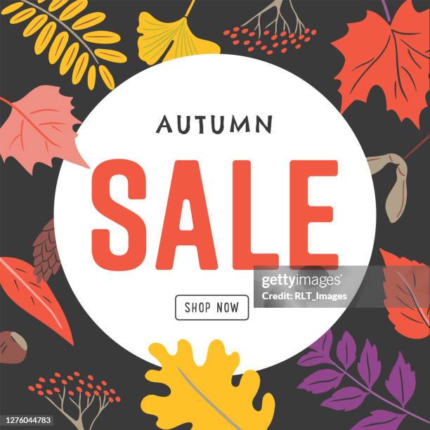 sale design template with hand-drawn vector autumn leaf graphics - red ad layout stock illustrations