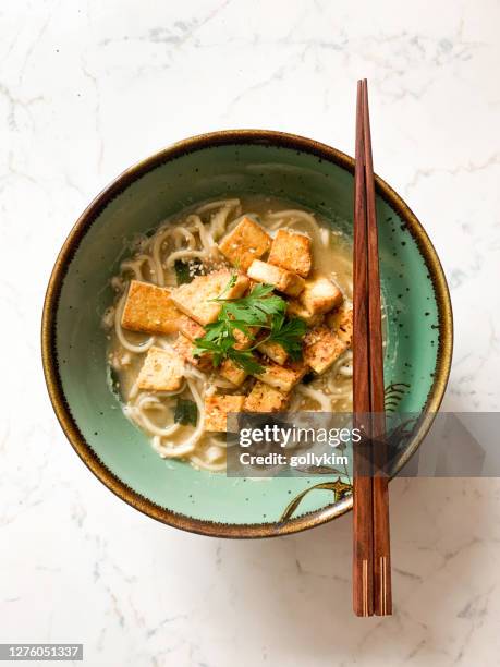 homemade tofu and miso ramen noodles soup - miso ramen stock pictures, royalty-free photos & images