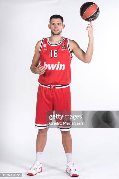 Kostas Papanikolau, #16 poses during the 2020/2021 Turkish Airlines EuroLeague Media Day of Olympiacos Piraeus at Peace and Friendship Stadium on...