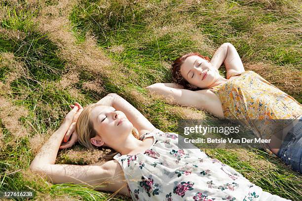 women sunbathing in field. - sunbathing stock pictures, royalty-free photos & images