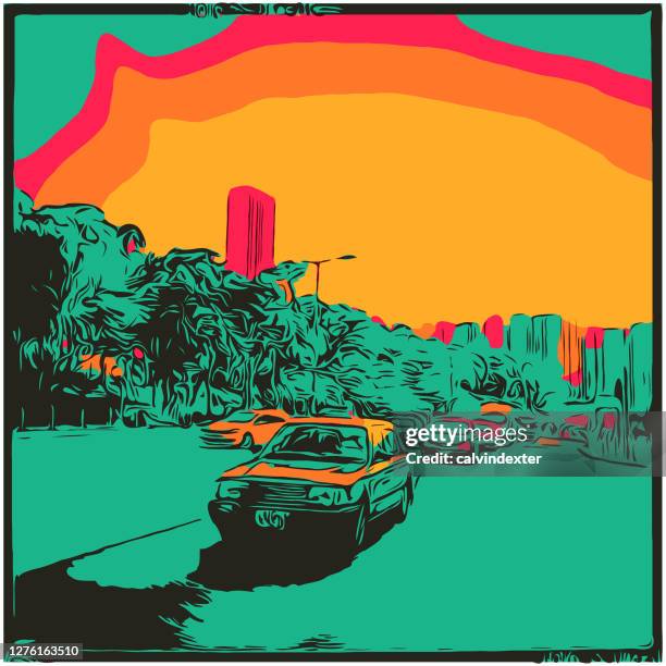 sunset in hong kong - hong kong taxi nobody stock illustrations