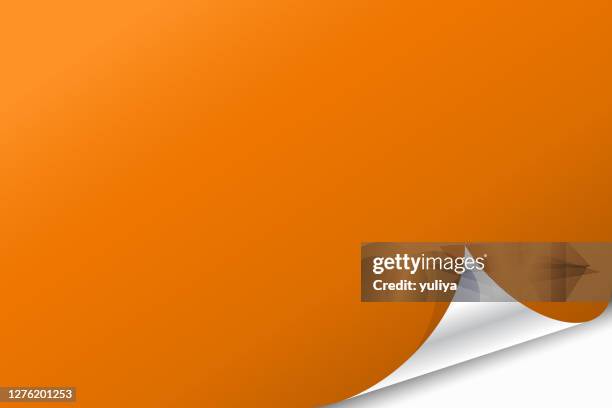 realistic orange color sheet of paper with curled corner, autumn background - turning page stock illustrations