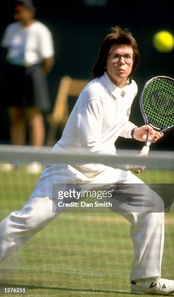 Billie Jean King of the USA plays a backhand return during a DOW Classic match in Birmingham, England. \ Mandatory Credit: Dan Smith/Allsport
