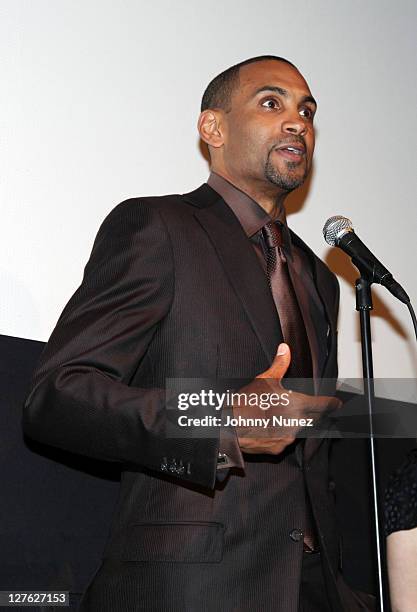 Executive Producer and NBA Player Grant Hill speaks during the premiere of "Starting at the Finish Line: The Coach Buehler Story" during the 10th...