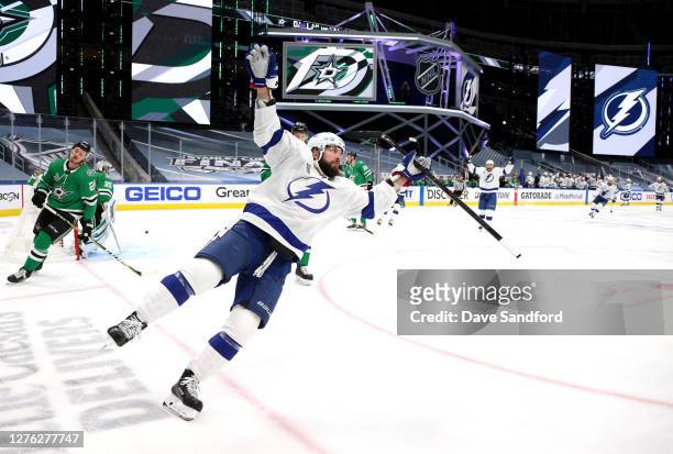 Nikita Kucherov of the Tampa Bay Lightning reacts after scoring on a breakaway from the blue line in during the first period of Game Three of the NHL...