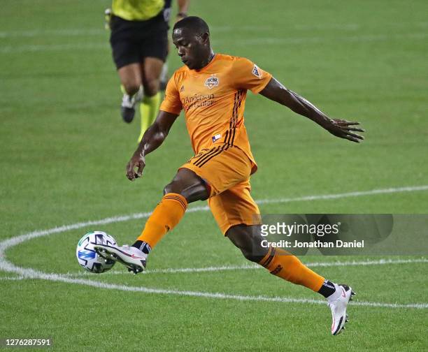 Maynor Figueroa of Houston Dynamo tries to control a pass against the Chicago Fire FC at Soldier Field on September 23, 2020 in Chicago, Illinois.