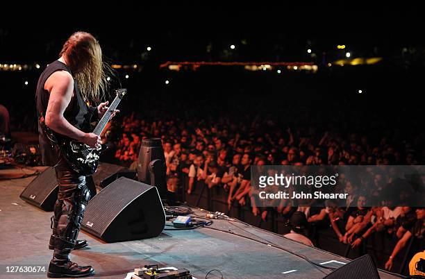 Musician Jeff Hanneman of Slayer performs onstage during The Big 4 held at the Empire Polo Club on April 23, 2011 in Indio, California.