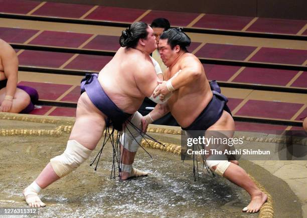 Terunofuji and Myogiryu compete on day eleven of the Grand Sumo Autumn Tournament at Ryogoku Kokugikan on September 23, 2020 in Tokyo, Japan.