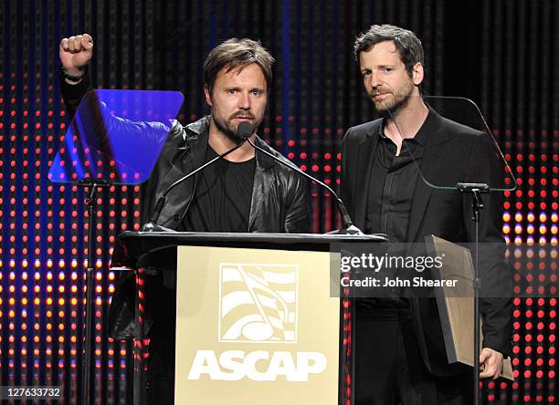 Max Martin and Lukasz "Dr Luke" Gottwald on stage at the 28th Annual ASCAP Pop Music Awards at the Grand Ballroom at Hollywood & Highland Center on...