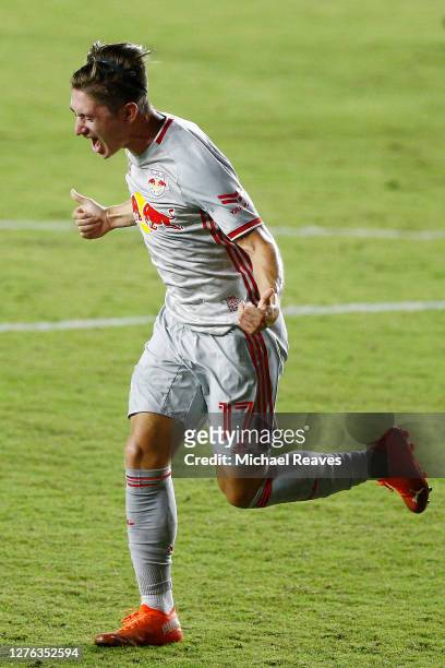 Ben Mines of New York Red Bulls reacts after scoring a goal during the 85' against Inter Miami CF at Inter Miami CF Stadium on September 23, 2020 in...