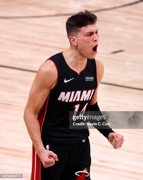 Tyler Herro of the Miami Heat reacts to his shot during the fourth quarter against the Boston Celtics in Game Four of the Eastern Conference Finals...