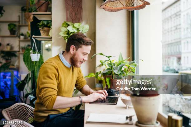 young man sitting in café using laptop - laptop foto e immagini stock