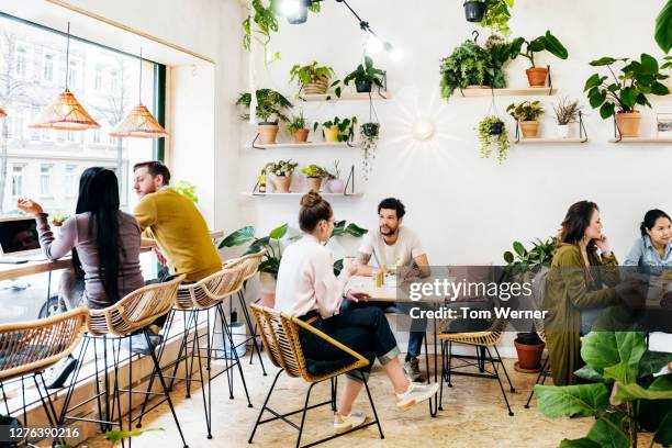 busy café with lots of green plants - food and drink establishment stock pictures, royalty-free photos & images