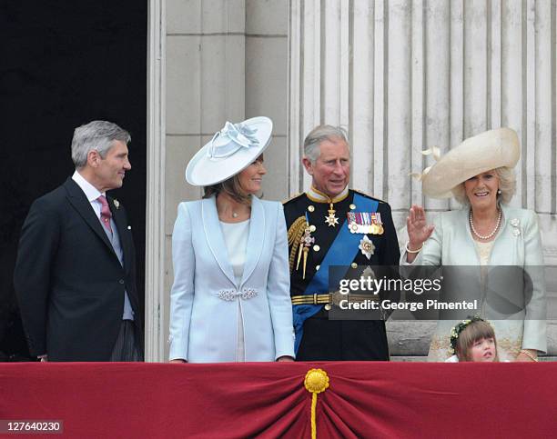 Michael Middleton, Carole Middleton, Prince Charles, Prince of Wales, Camilla, Duchess of Cornwall and Eliza Lopes stand on balcony of Buckingham...