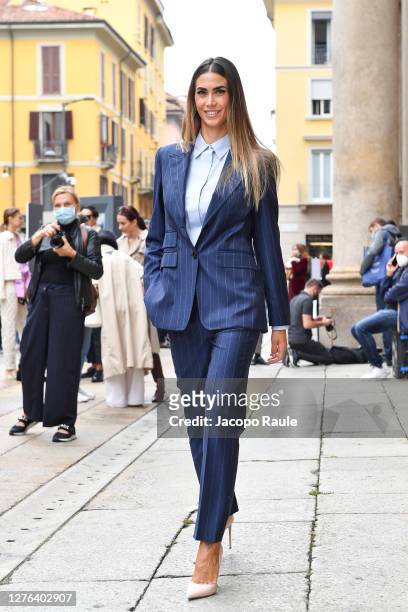 Melissa Satta is seen arriving at the Max Mara fashion show during the Milan Women's Fashion Week on September 24, 2020 in Milan, Italy.