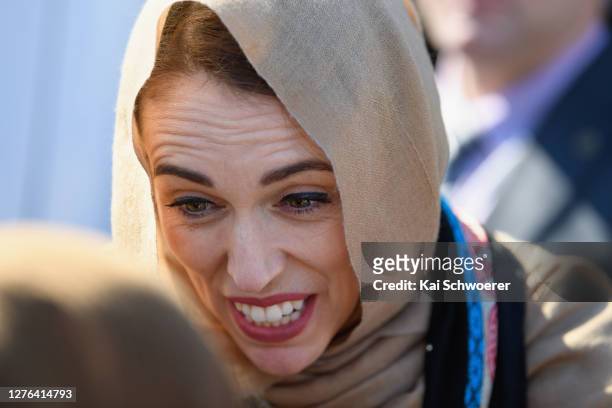 New Zealand Prime Minister Jacinda Ardern looks on as she arrives for a plaque unveiling at Al Noor Mosque on September 24, 2020 in Christchurch, New...
