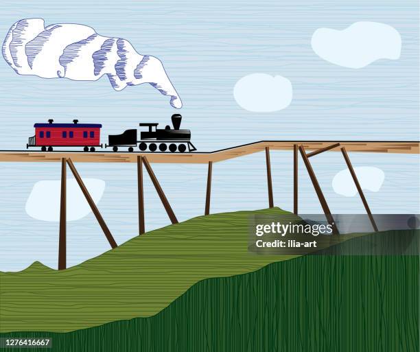 lokomotive auf wackeliger brücke - holzeisenbahn stock-grafiken, -clipart, -cartoons und -symbole