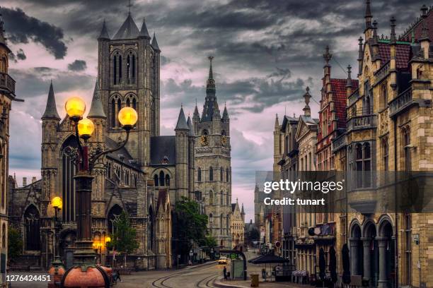 ghent cityscape from st michael's bridge, belgium - gothic style stock pictures, royalty-free photos & images