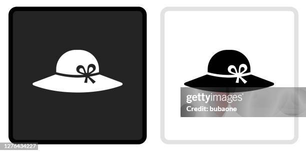 sun hat icon on  black button with white rollover - white hat fashion item stock illustrations