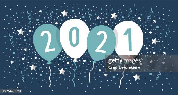 new year card 2021 with balloons and confetti - new year 2021 vector stock illustrations