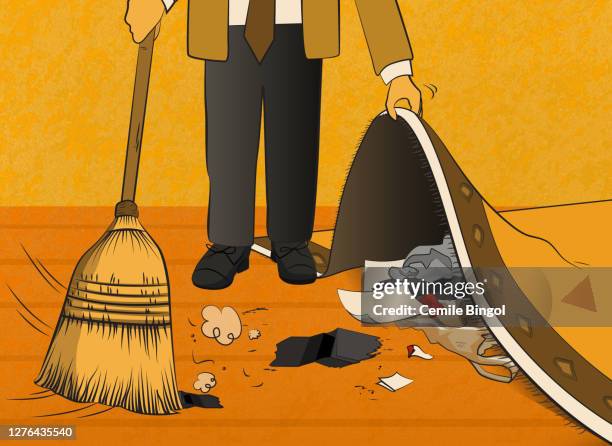 sweeping under the carpet - hiding rubbish stock illustrations