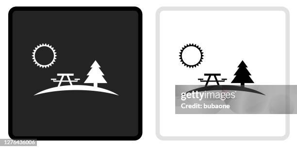 picnic table icon on  black button with white rollover - picnic stock illustrations