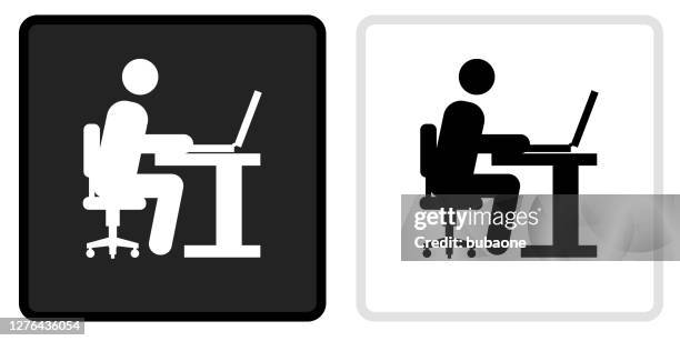 man working on computer icon on black button with white rollover - black man using computer stock illustrations