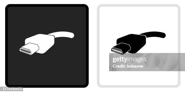 hdmi cable icon on black button with white rollover - hdmi cable stock illustrations