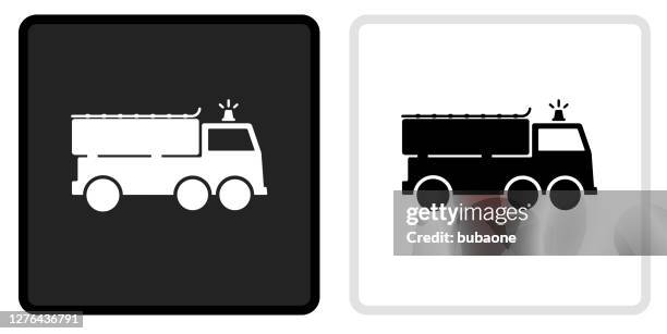 fire truck icon on  black button with white rollover - fire engine stock illustrations