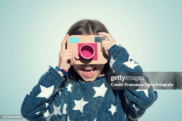 girl playing with homemade camera - toy camera stock pictures, royalty-free photos & images