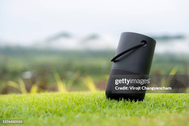 black portable speaker on the grass - bluetooth speaker stock-fotos und bilder