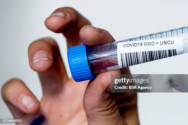 View of corona test tubes at a testing location on September 22, 2020 in Utrecht, Netherlands. There is a shortage of test capacity in the country,...