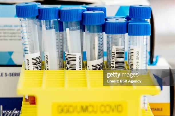 View of corona test tubes at a testing location on September 22, 2020 in Utrecht, Netherlands. There is a shortage of test capacity in the country,...